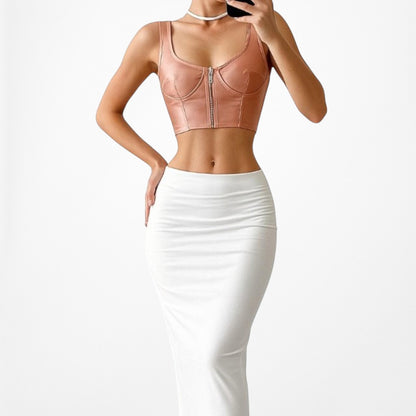 Vintage Y2K Pink Zip Up Bustier Corset Knit Scoop Neck Satin Crop Top S