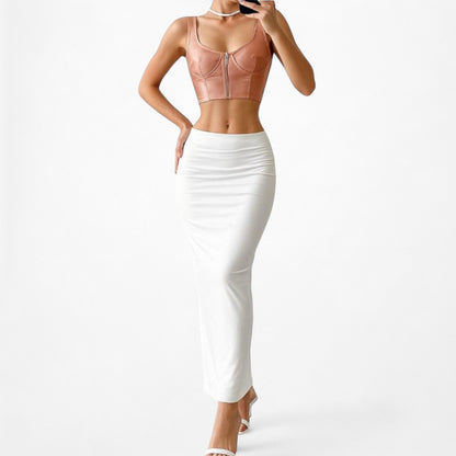 Vintage Y2K Pink Zip Up Bustier Corset Knit Scoop Neck Satin Crop Top S