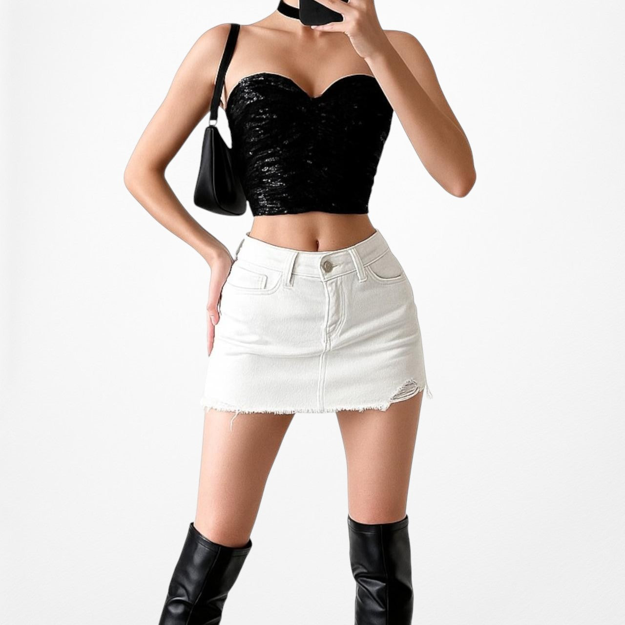 Vintage Y2K Black Sequin Sweetheart Neckline Strapless Tube Crop Top Size S