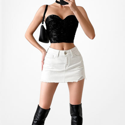 Vintage Y2K Black Sequin Sweetheart Neckline Strapless Tube Crop Top Size S