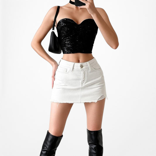 Vintage Y2K Black Sequin Sweetheart Neckline Strapless Tube Crop Top Size S