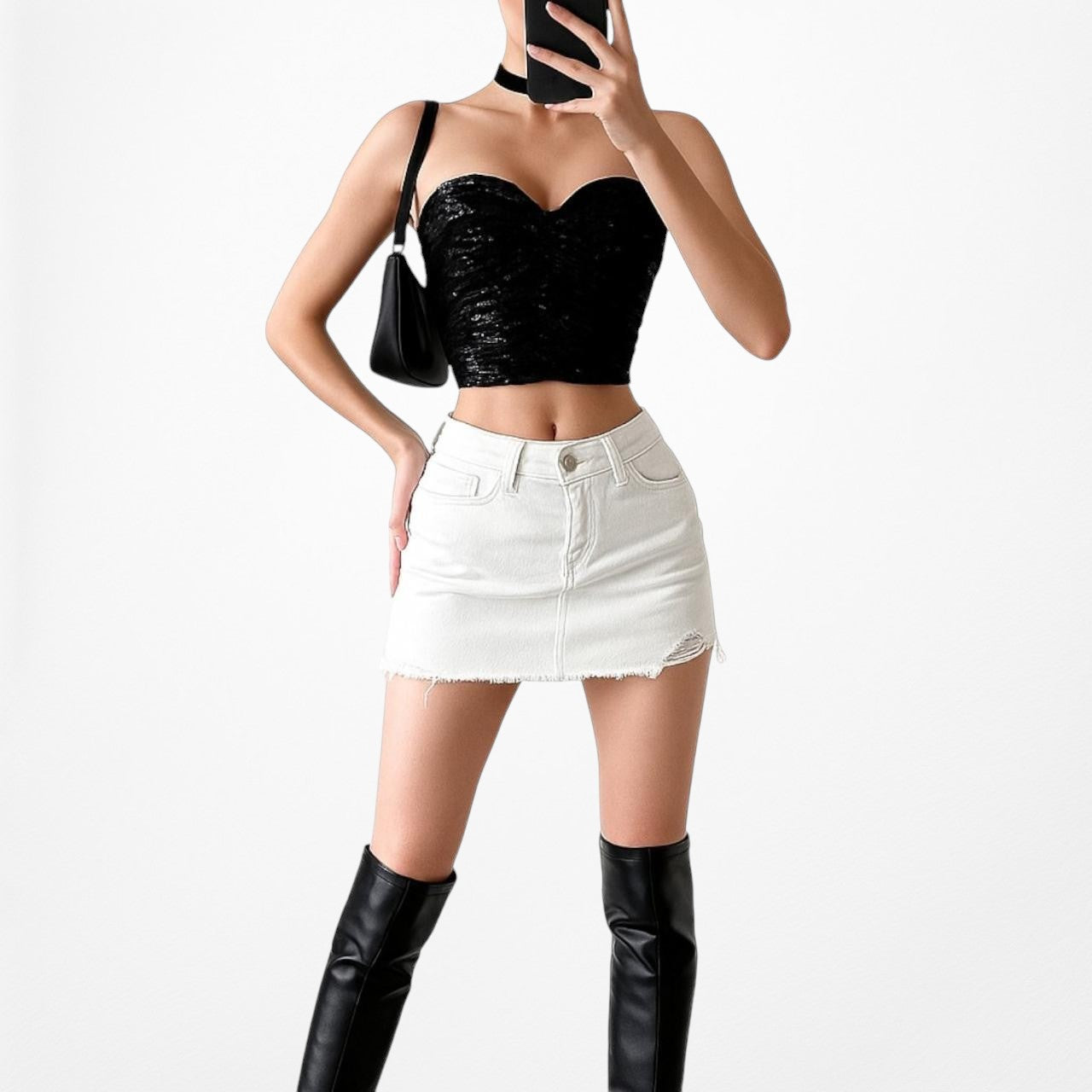 Vintage Y2K Black Sequin Sweetheart Neckline Strapless Tube Crop Top Size S