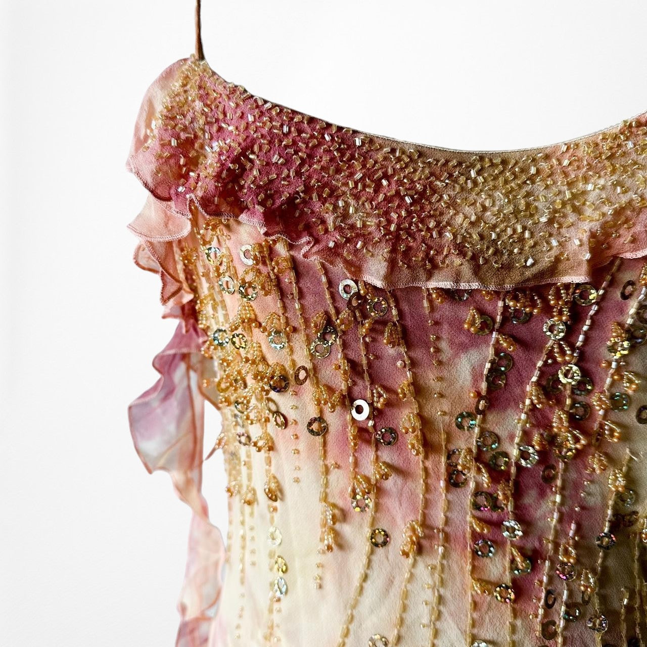 Vintage Pink Yellow Beaded Ruffle Silk Asymmetric Hem Midi Dress Size S