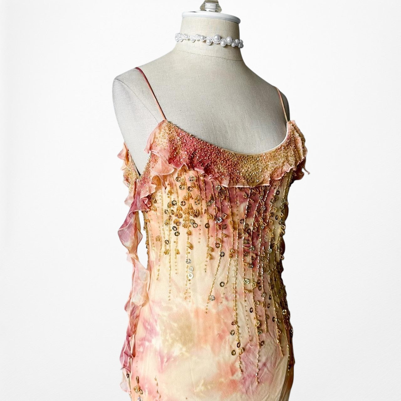 Vintage Pink Yellow Beaded Ruffle Silk Asymmetric Hem Midi Dress Size S