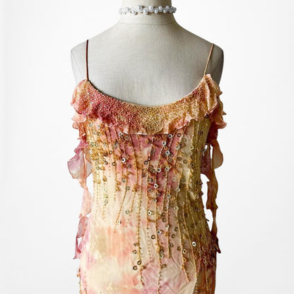 Vintage Pink Yellow Beaded Ruffle Silk Asymmetric Hem Midi Dress Size S