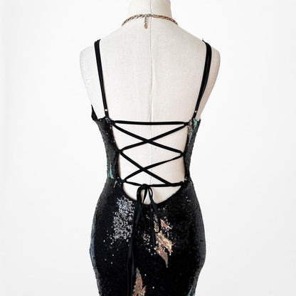 Black Sequin Fit Flared V-Neck Formal Cocktail Prom Dress Size XS/S/M