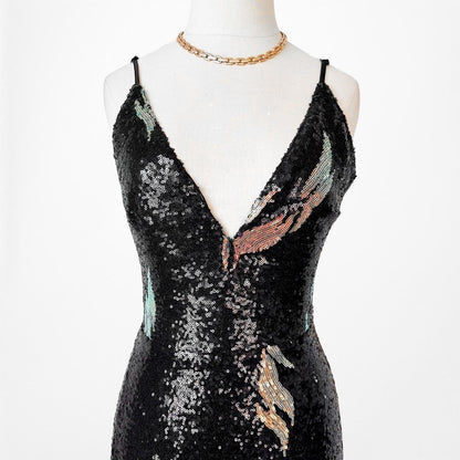 Black Sequin Fit Flared V-Neck Formal Cocktail Prom Dress Size XS/S/M