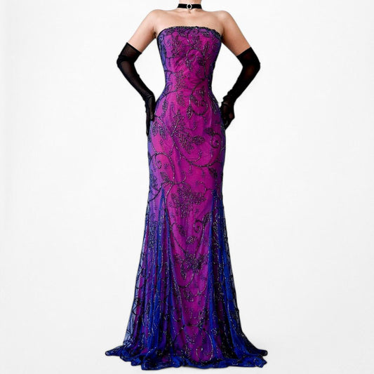 Vintage Purple Blue Strapless Floral Beaded Mesh Maxi Bodycon Formal Prom Dress Size L