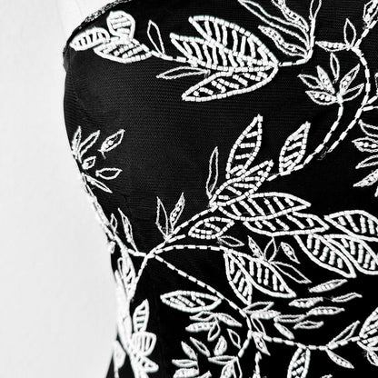 Black White Floral Beaded Strapless Fit Flared Maxi Cocktail Formal Prom Dress Size S