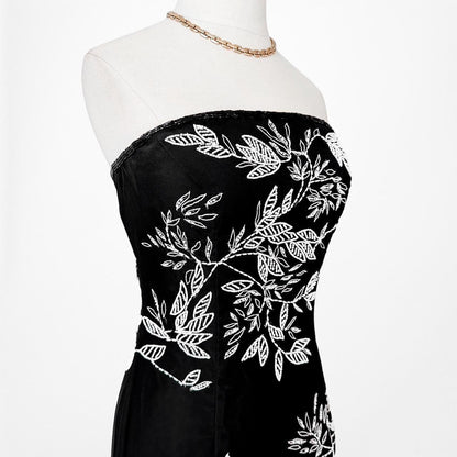 Black White Floral Beaded Strapless Fit Flared Maxi Cocktail Formal Prom Dress Size S