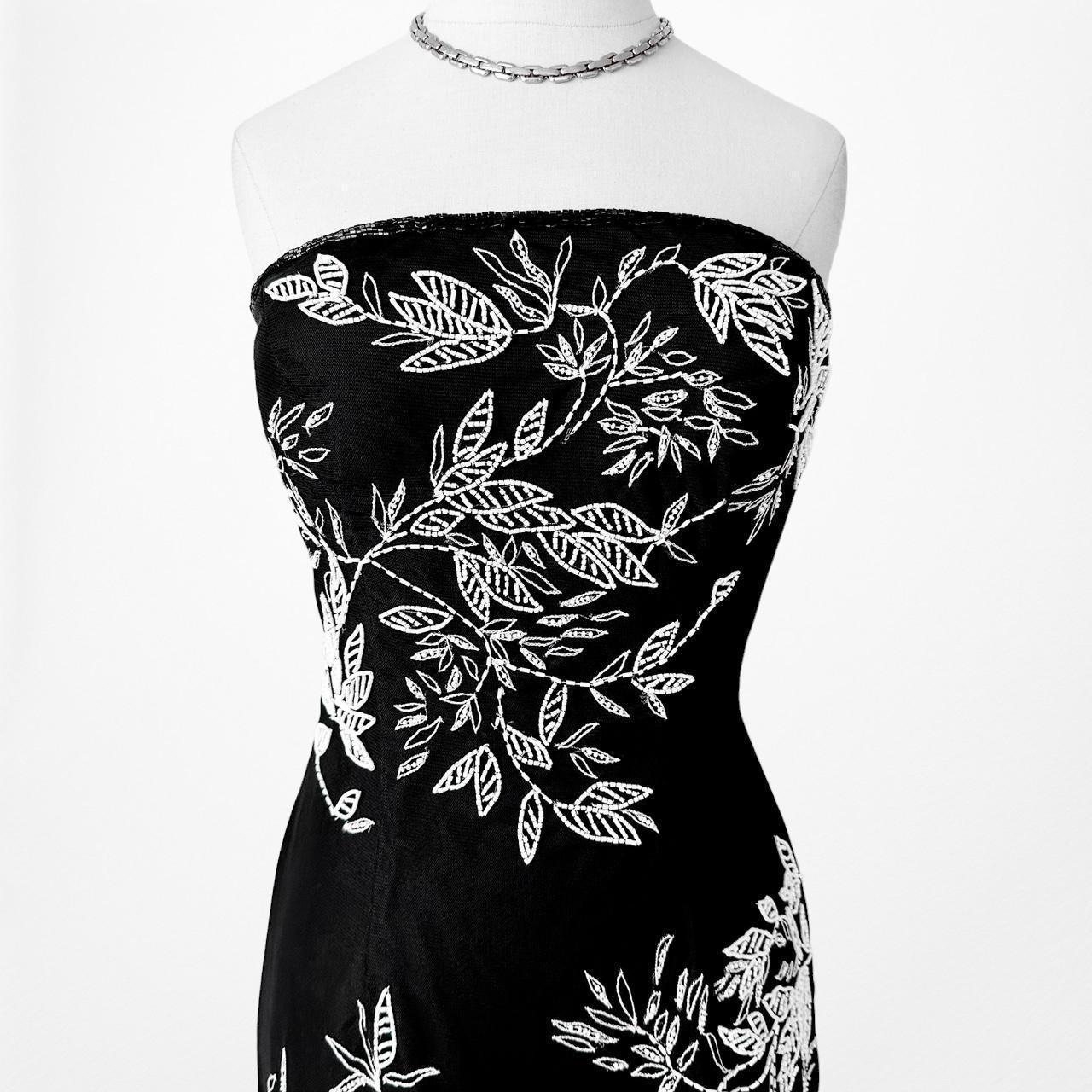 Black White Floral Beaded Strapless Fit Flared Maxi Cocktail Formal Prom Dress Size S