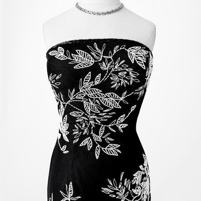 Black White Floral Beaded Strapless Fit Flared Maxi Cocktail Formal Prom Dress Size S