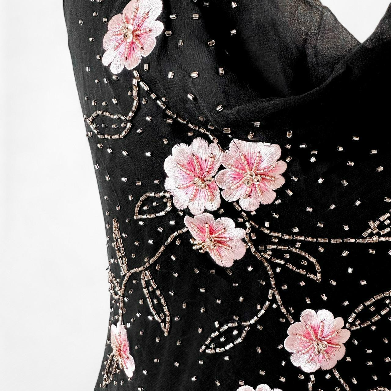 Black Pink Floral Beaded Silk Mesh Fit Flared Slip On Cocktail Formal Dress Size M/L