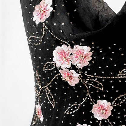 Black Pink Floral Beaded Silk Mesh Fit Flared Slip On Cocktail Formal Dress Size M/L