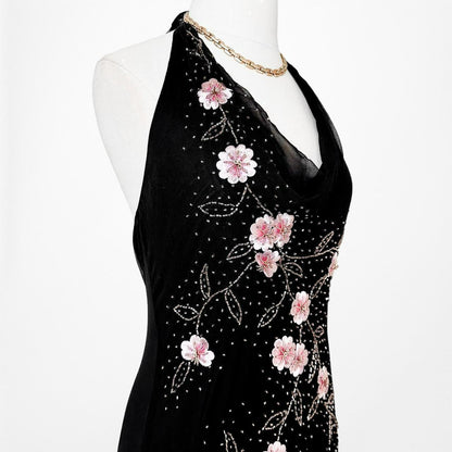 Black Pink Floral Beaded Silk Mesh Fit Flared Slip On Cocktail Formal Dress Size M/L