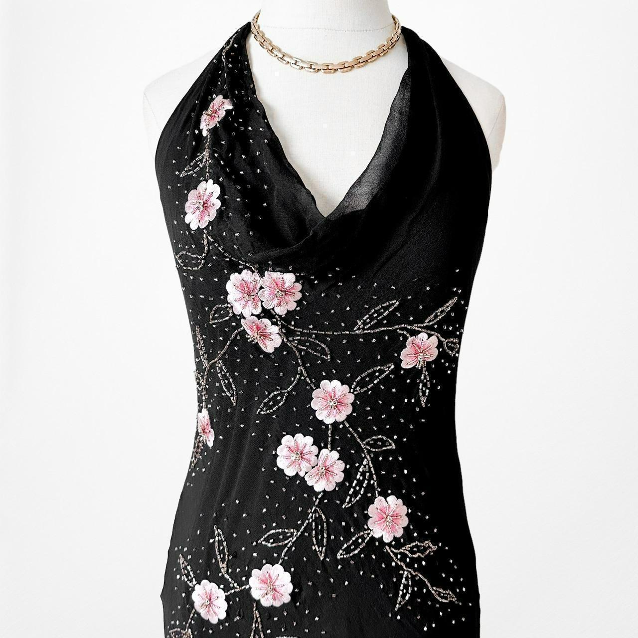 Black Pink Floral Beaded Silk Mesh Fit Flared Slip On Cocktail Formal Dress Size M/L