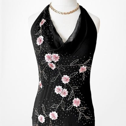 Black Pink Floral Beaded Silk Mesh Fit Flared Slip On Cocktail Formal Dress Size M/L