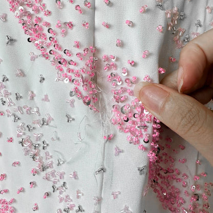 Vintage White Pink Beaded Strapless Bodycon Maxi Prom Dress Size S/M