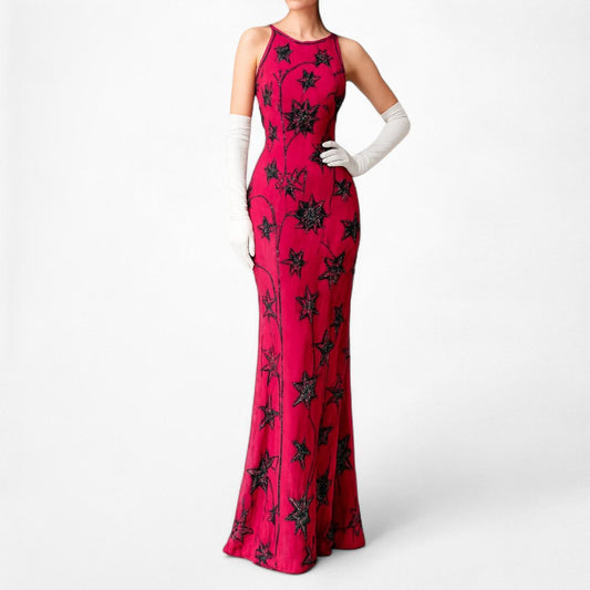 Vintage Pink Floral Beaded Bodycon Maxi Formal Prom Dress Size L