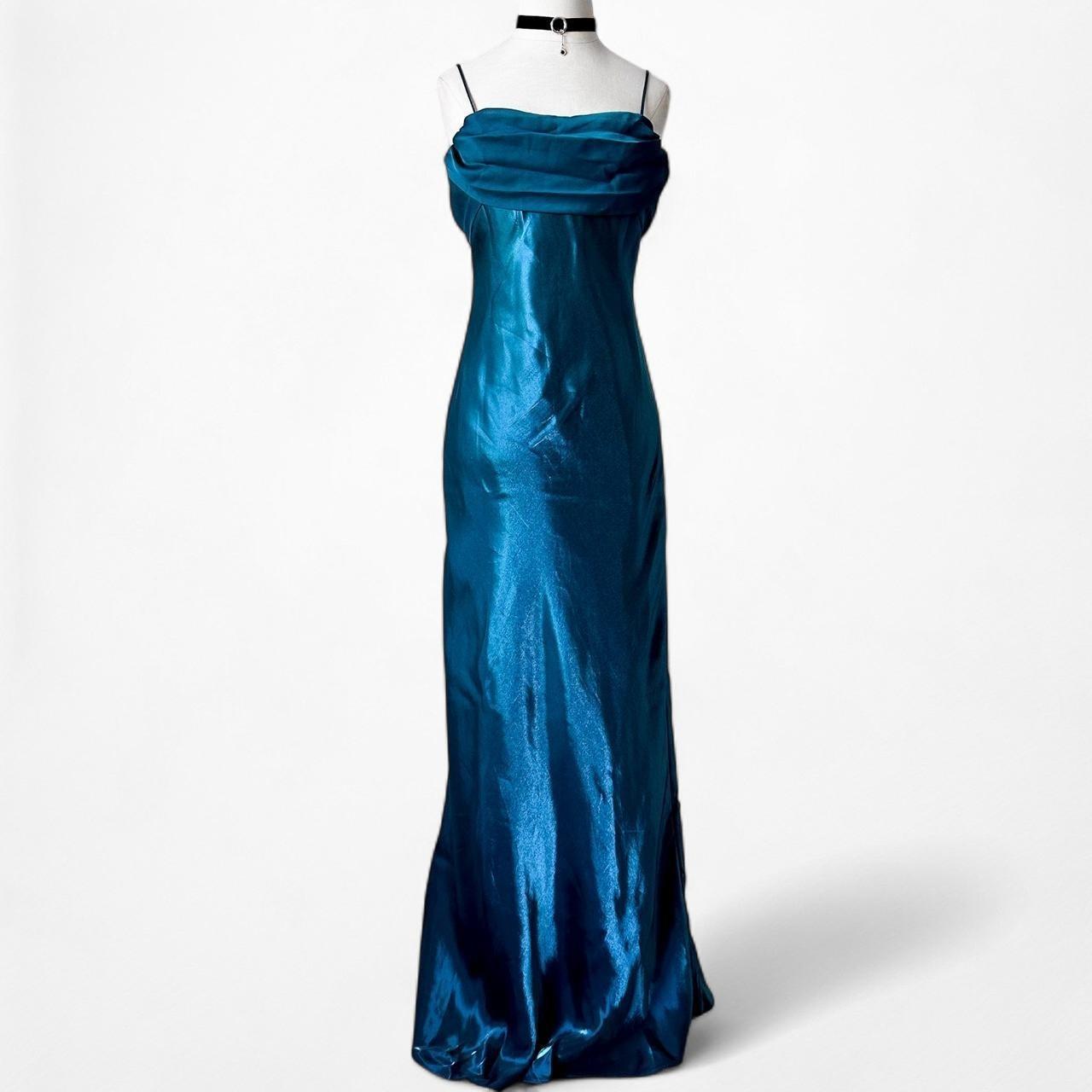 Vintage Blue Satin Babydoll Fit Flared Maxi Cocktail Prom Dress Size M