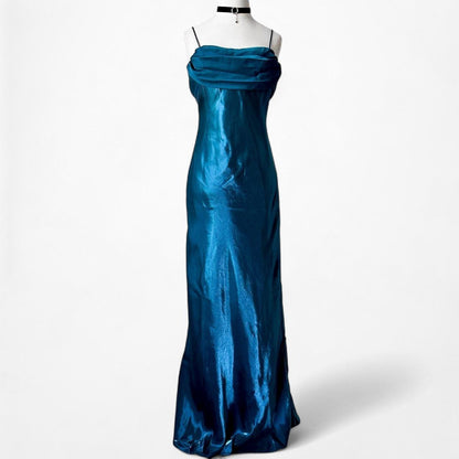 Vintage Blue Satin Babydoll Fit Flared Maxi Cocktail Prom Dress Size M
