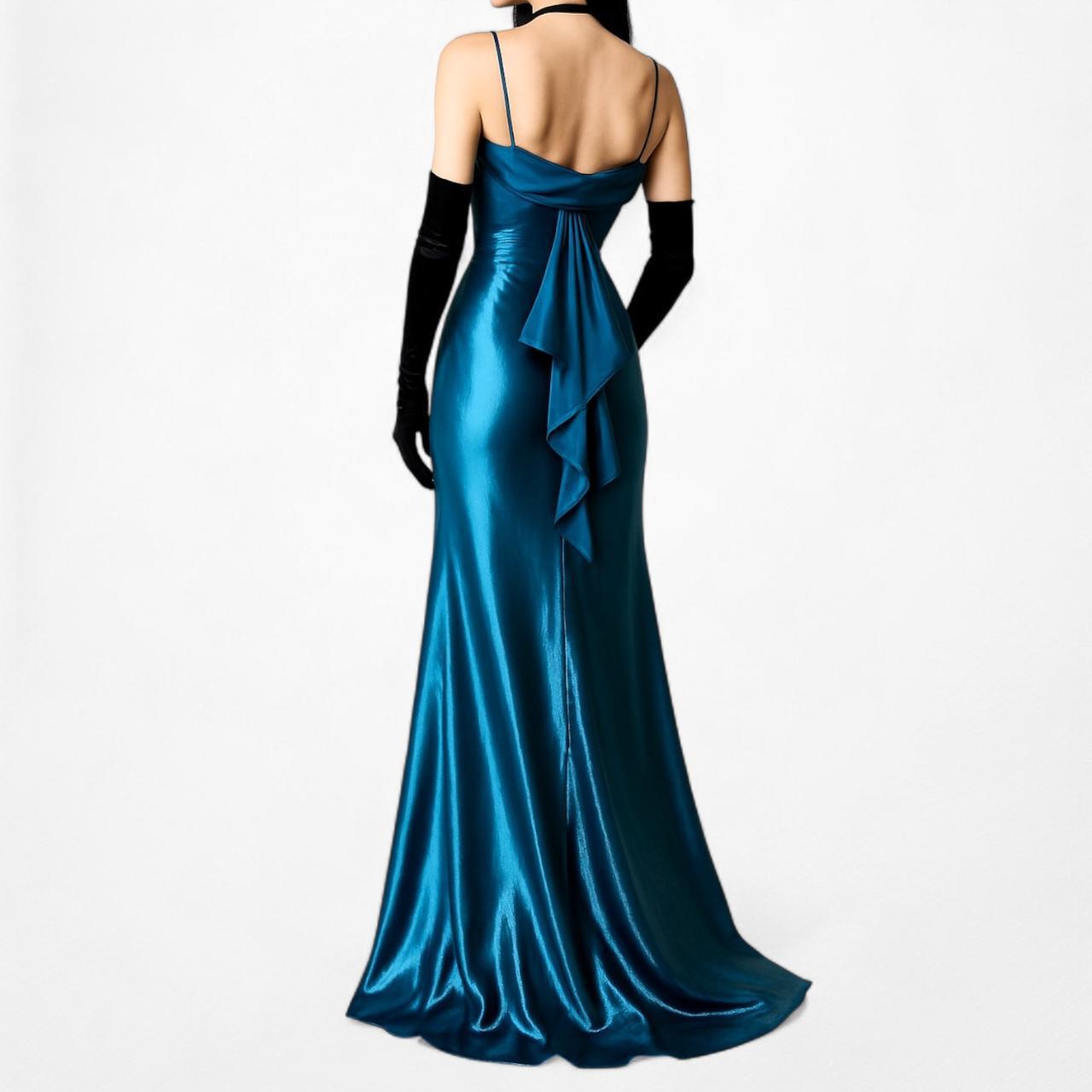 Vintage Blue Satin Babydoll Fit Flared Maxi Cocktail Prom Dress Size M