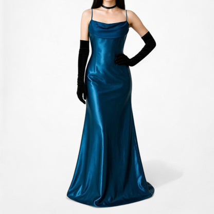 Vintage Blue Satin Babydoll Fit Flared Maxi Cocktail Prom Dress Size M