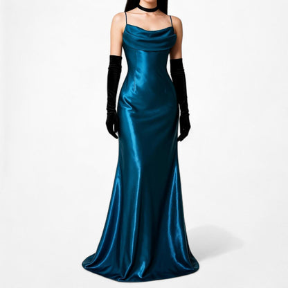 Vintage Blue Satin Babydoll Fit Flared Maxi Cocktail Prom Dress Size M