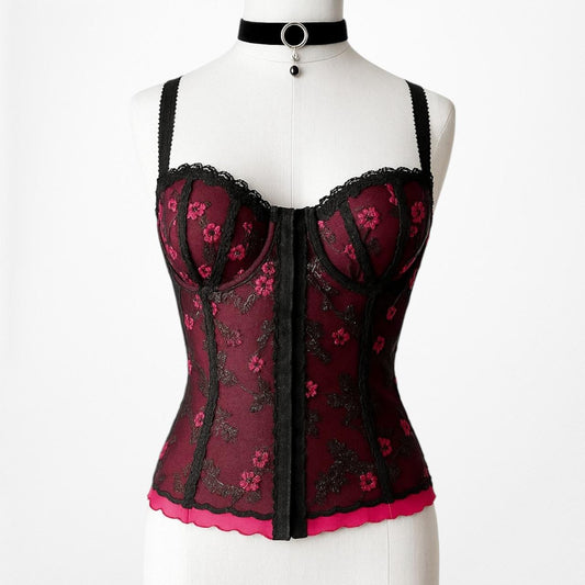 Vintage Pink Lace Floral Mesh Bustier Corset Lingerie Top Size S/M