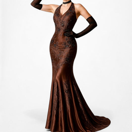 Vintage Brown Floral Beaded Embroidered Silk Slip On Maxi Formal Prom Dress Size S/M