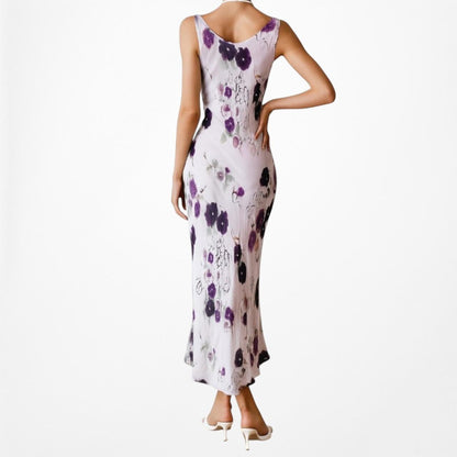 Vintage Purple Floral Slip On Maxi Sheath Cocktail Formal Dress Size S/M