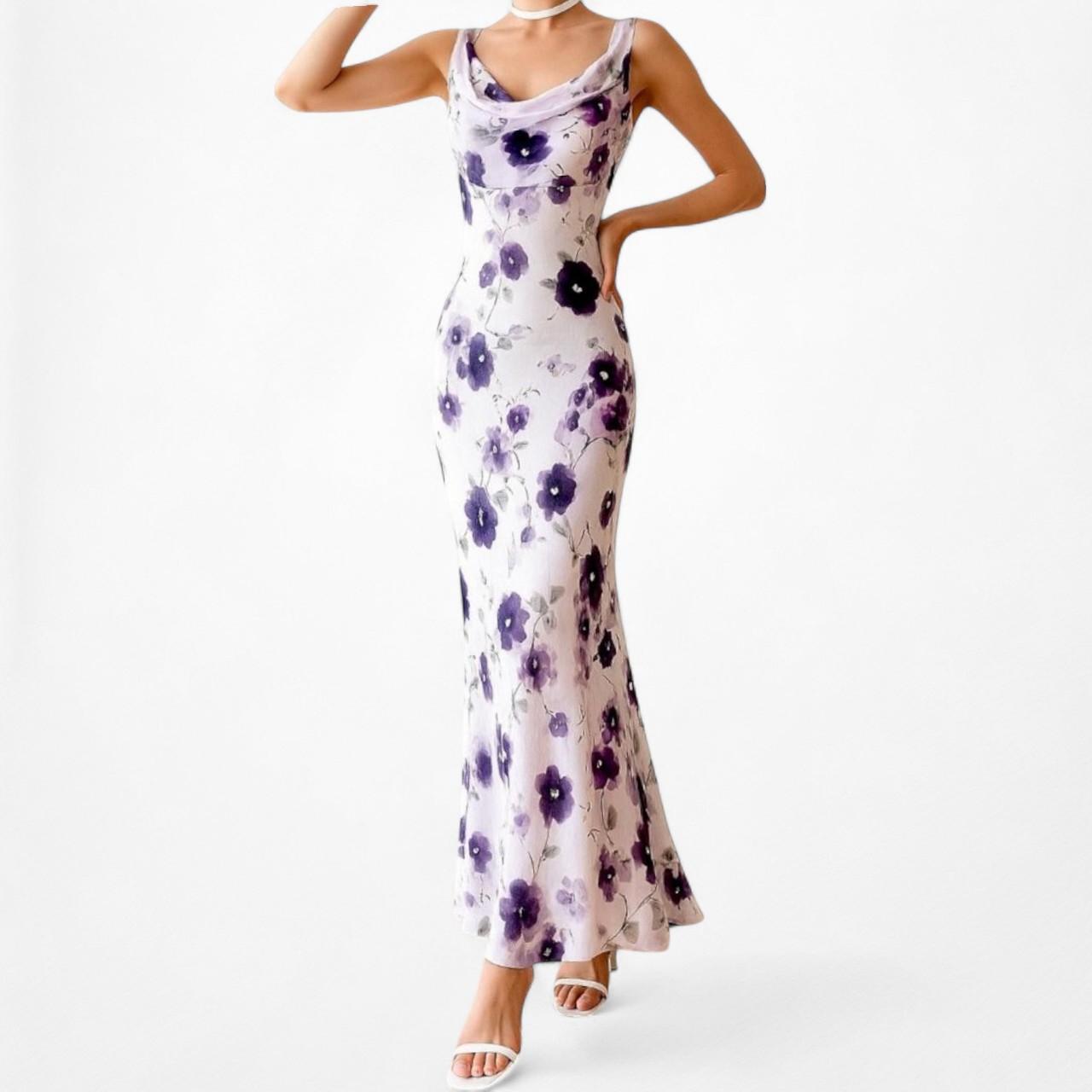 Vintage Purple Floral Slip On Maxi Sheath Cocktail Formal Dress Size S/M