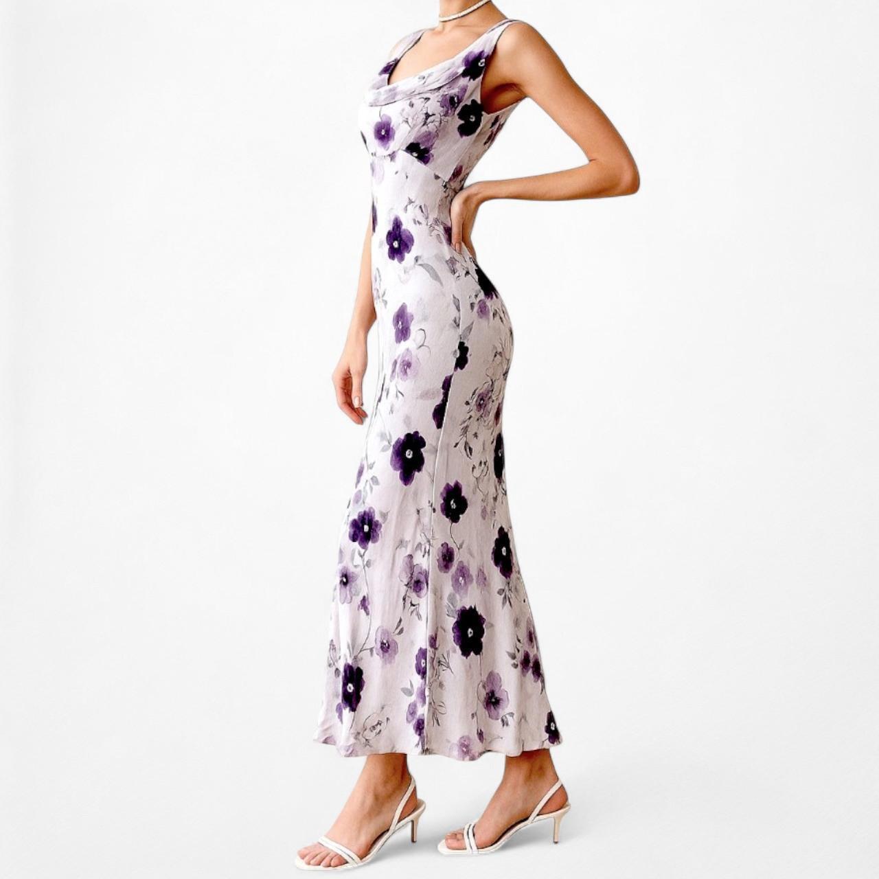 Vintage Purple Floral Slip On Maxi Sheath Cocktail Formal Dress Size S/M