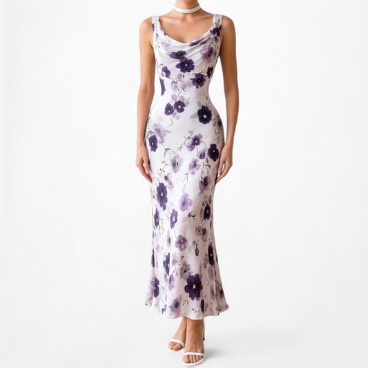 Vintage Purple Floral Slip On Maxi Sheath Cocktail Formal Dress Size S/M