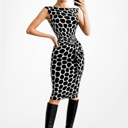 Kasper Black White Sleeveless Printed Knee Length Knit Cocktail Dress Size 4/M