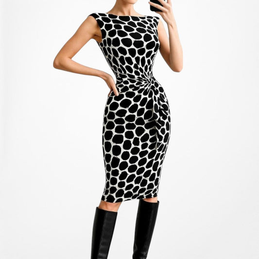 Kasper Black White Sleeveless Printed Knee Length Knit Cocktail Dress Size 4/M