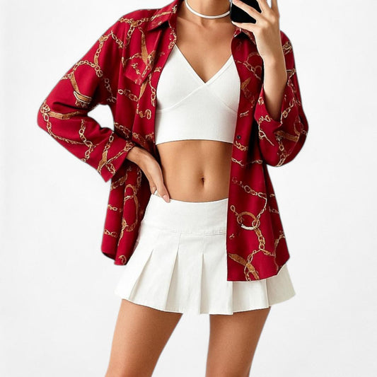 Croft & Barrow Printed Burgundy Red Button Down Shirt Blouse Top Size S