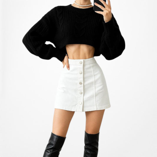 Vintage Y2K White Button Front High Waisted Denim A-Line Mini Skirt Size XS/S