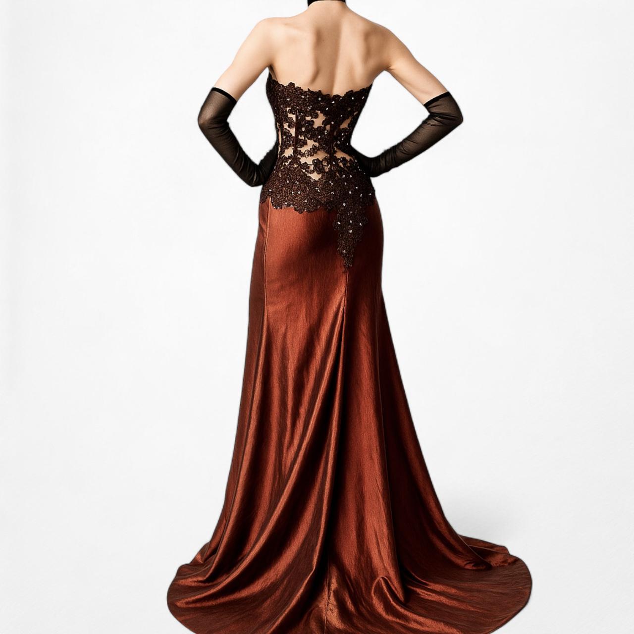 Vintage Y2K Brown Satin Lace Mesh Beaded Strapless Side Slit Maxi Prom Dress Size M/L
