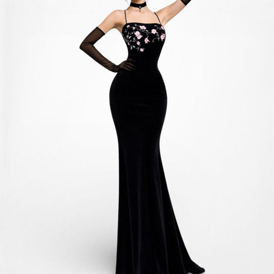 Vintage Black Pink Velvet Floral Embroidered Maxi Bodycon Formal Prom Dress Size S/M