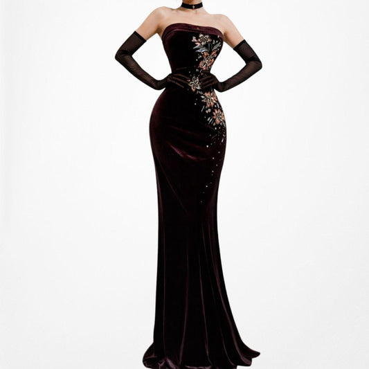 Vintage Brown Velvet Strapless Floral Beaded Sequin Maxi Bodycon Formal Dress Size M/L