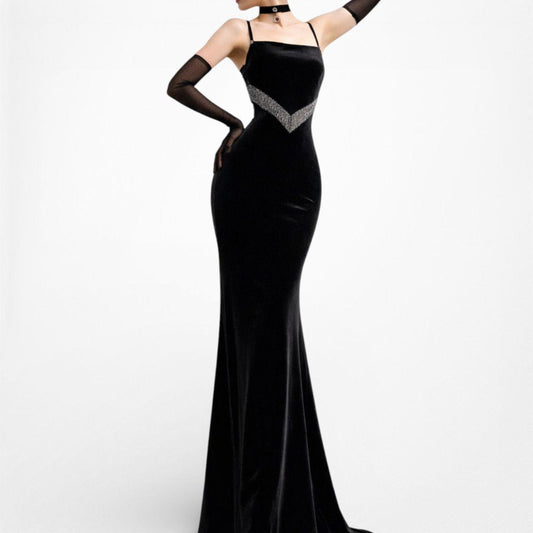 Vintage Black Velvet Beaded Knit Bodycon Maxi Formal Prom Dress Size S
