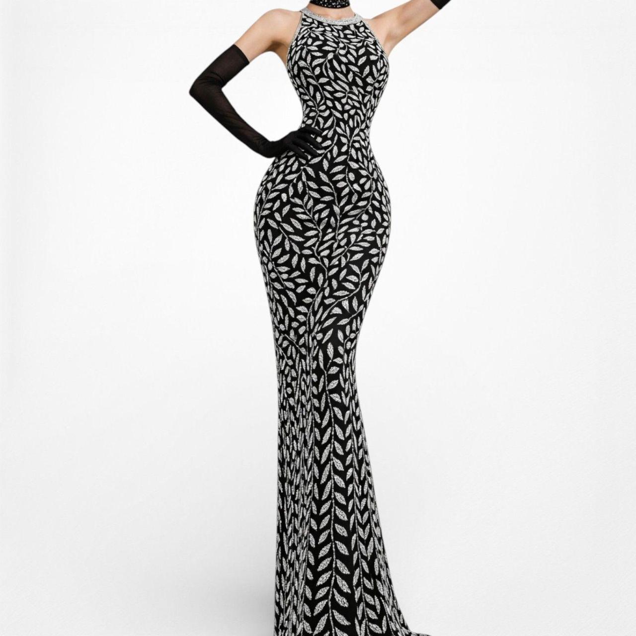 Vintage Black White Silk Floral Beaded Maxi Bodycon Formal Cocktail Dress M