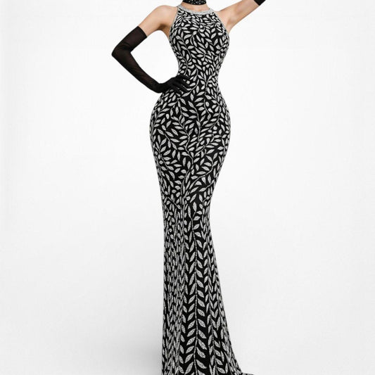 Vintage Black White Silk Floral Beaded Maxi Bodycon Formal Cocktail Dress M