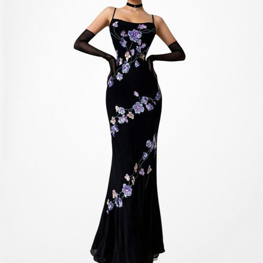 Vintage Black Blue Purple Floral Beaded Knit Maxi Bodycon Cocktail Prom Dress Size S/M