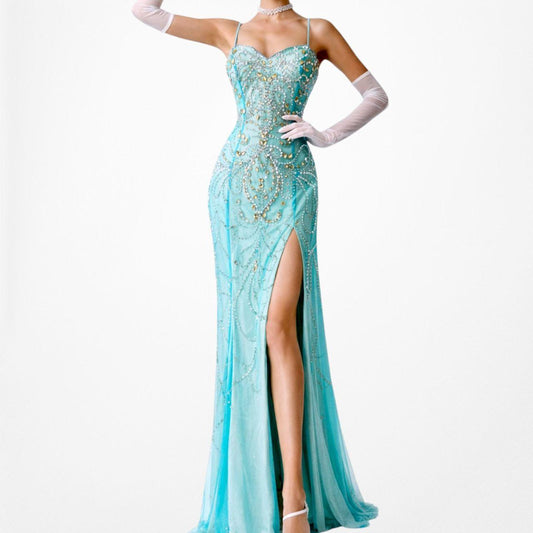 Vintage Blue Beaded Mesh Fit Flared Maxi Slit Formal Prom Dress Size M