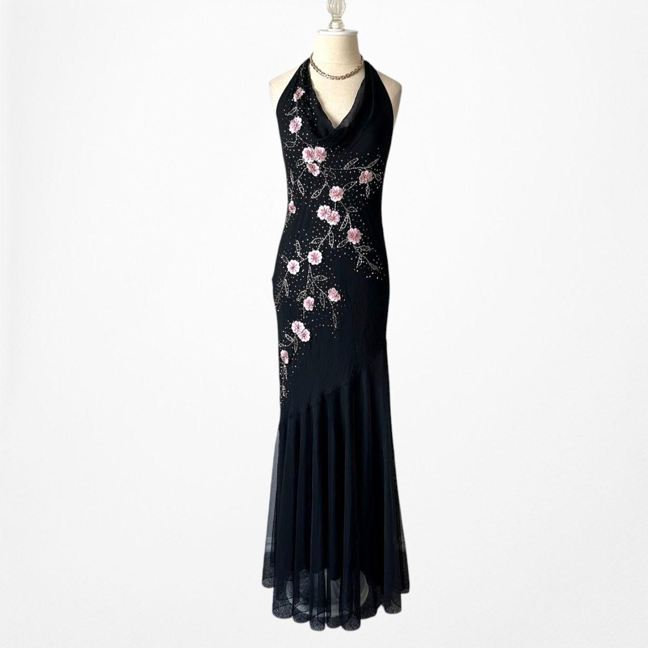 Black Pink Floral Beaded Silk Mesh Fit Flared Slip On Cocktail Formal Dress Size M/L