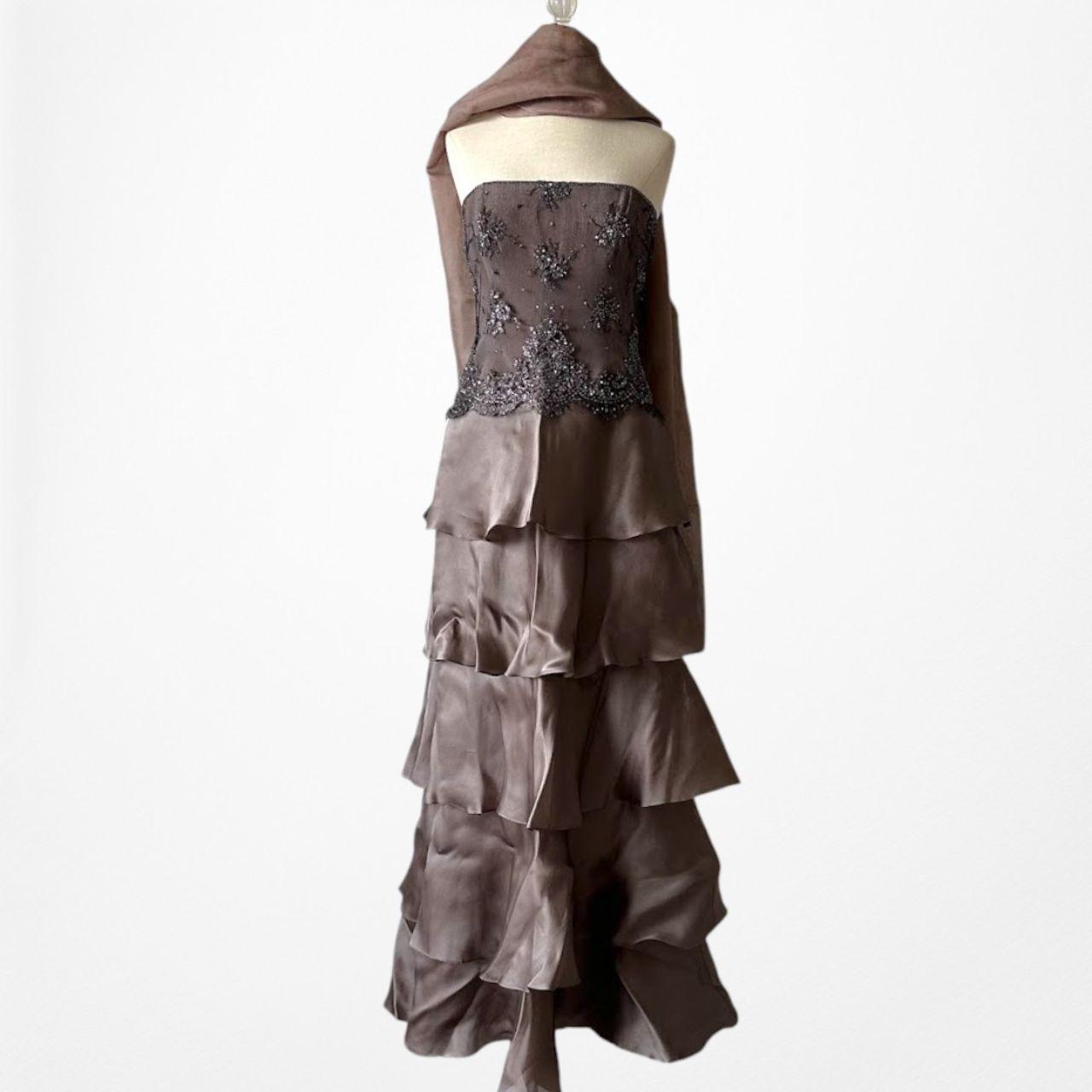 Vintage Brown Silk Strapless Beaded Mesh Ruffle Flared Prom Dress Size M
