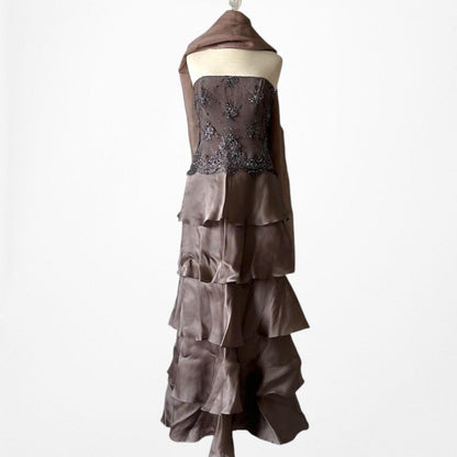 Vintage Brown Silk Strapless Beaded Mesh Ruffle Flared Prom Dress Size M