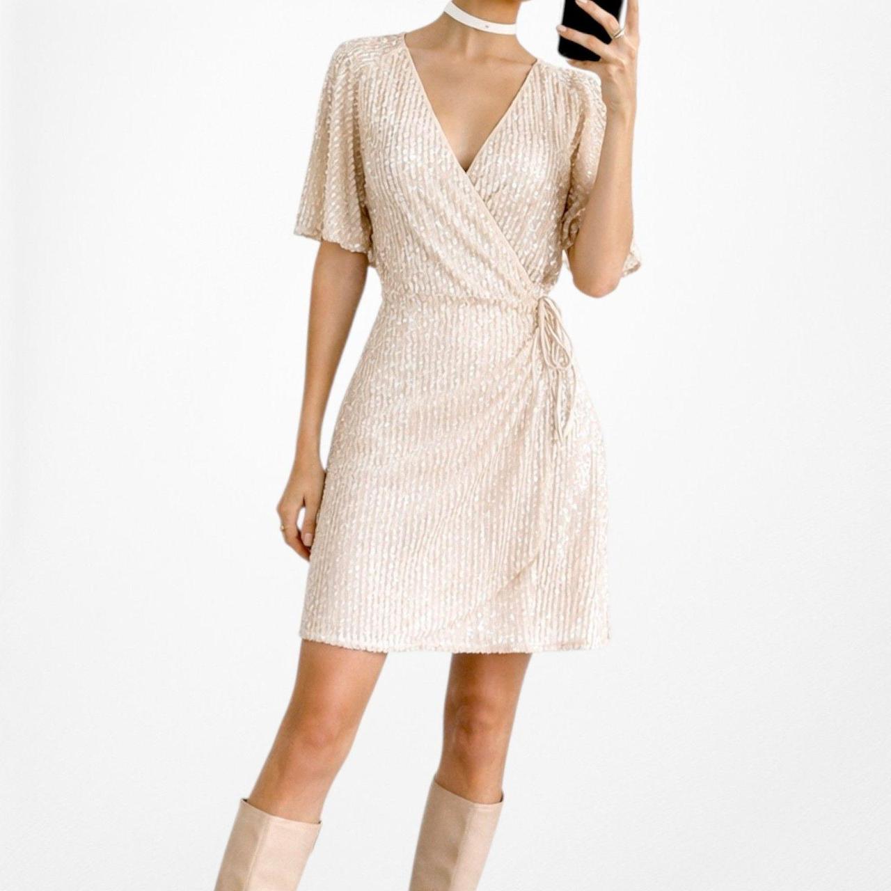 Zara Off White Cream Ruffle Short Sleeve Wrap Flared Sequin Mini Dress Size L